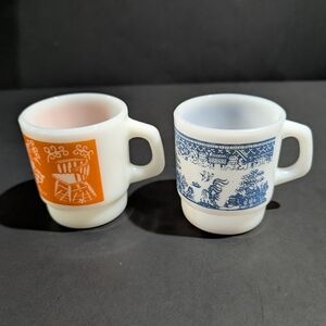 2 Milk Glass Mugs White With Orange Blue Graphics